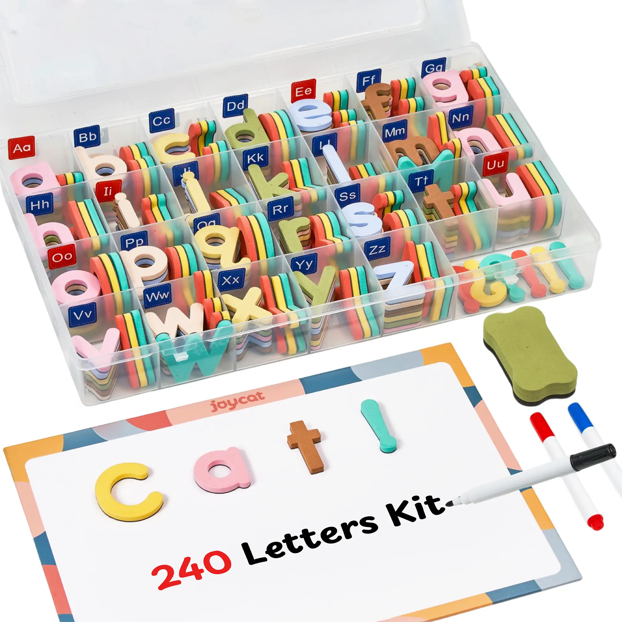 Joycat 240 Pcs Macaron Magnetic Letters Kit with Double-Sided Magnetic Foam Board - Preschool Learning Tool, Toddler Spelling Learning Set, Classroom Language Toy Gift for Kids