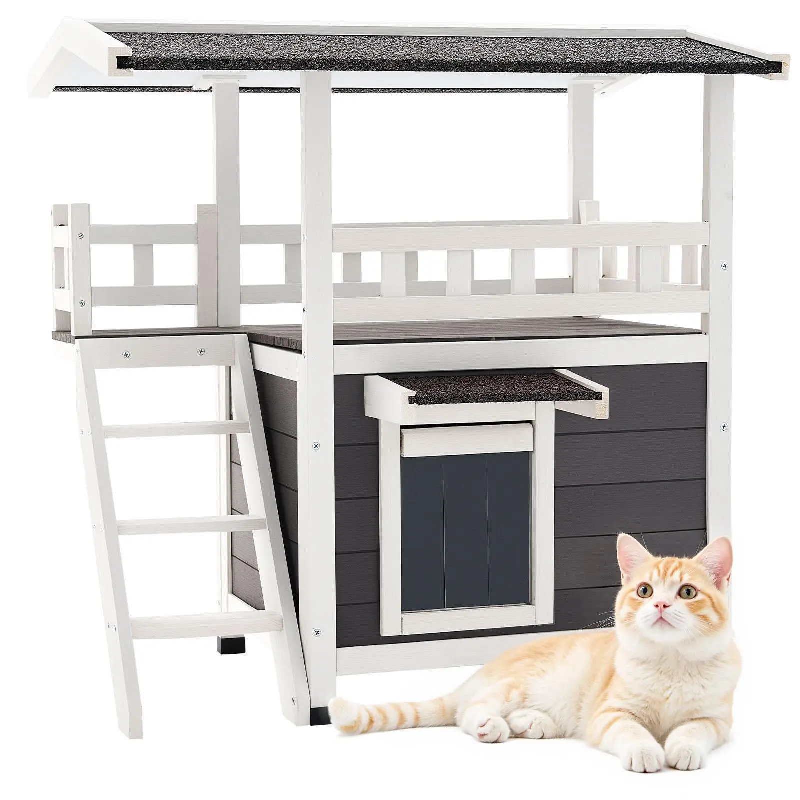 【SummerFinds】VEVOR Outdoor Cat House, 2-Story Wooden Cat Shelter with Stairs & Balcony, Elevated Feral Kitty Shelter, Spacious Room, Waterproof Cats Condos for Indoor & Outdoor Cats in Winter 30 x 22 x 30 in