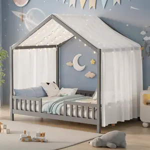 Full Montessori Bed, Kids House Bed with High Rails, Wood Low House Floor Bed with Roof & Canopy, Full House Beds Frame for Girls Boys, No Box Spring Needed, Gray