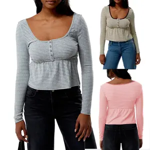 Yellow Striped Long Sleeve Top Women's Fashion Scoop Neck Button Down Casual Blouse