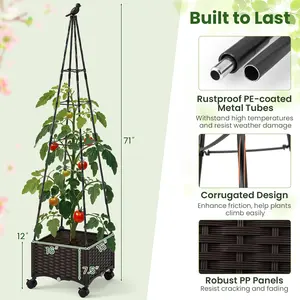 COSTWAY - Raised Garden Bed Adjustable with Plant Box and Trellis with Lockable Wheels