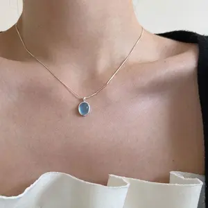 Aquamarine Moonstone Necklace for Women High-End Ins Style Versatile Oval Pendant Collarbone Chain