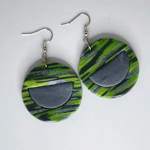 Circle Polymer Clay Fishhook Earrings with Center Half Moon Shape