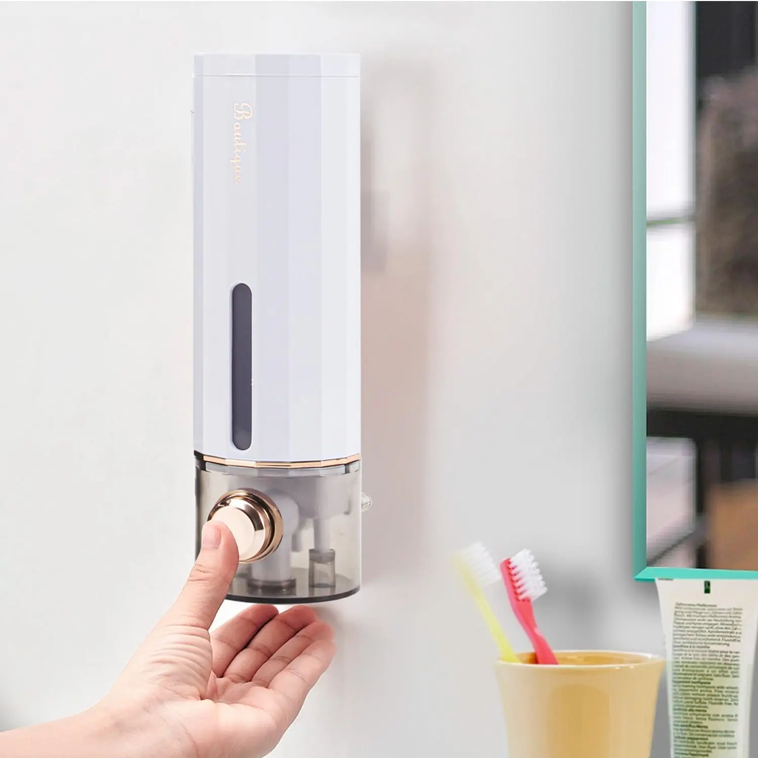 White Contemporary Wall Mounted Liquid Soap Dispenser - 15 fl. oz Multifunctional Clutter-free Wall Bathroom Upgrade, No-Drill Installation, for Shampoo/Conditioner, Ideal for Commercial Bathrooms/Schools, Home Supplies for Busy Parents