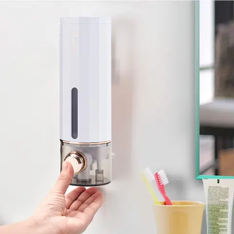 2-Pack White Contemporary Wall-Mounted Liquid Soap Dispensers - 15 fl. oz, No-Drill Installation, Adjustable, Clutter-Free Wall Bathroom Gadget for Shampoo/Conditioner, Ideal for Busy Parent Home Shower Routine
