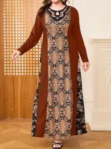 Women's Plus Size Casual A-Line Dress, Round Neck Long Sleeve Printed Geometric Loose Fit, Elegant Women's Clothing for Daily Wear