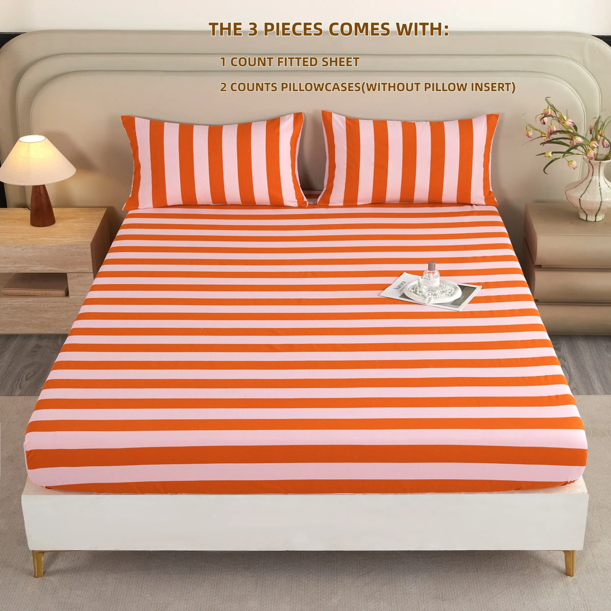 3-Piece Striped Fitted Sheet Set, Includes 1 Fitted Sheet & 2 Pillowcases, Polyester Bedding Set Soft & Breathable Mattress Protector, Striped Sheets