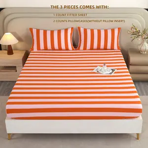 3-Piece Striped Fitted Sheet Set, Includes 1 Fitted Sheet & 2 Pillowcases, bedding set Soft & Breathable Mattress Protector