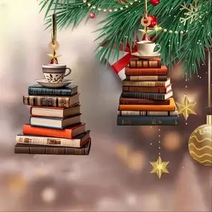2pcs Set Christmas Tree Ornaments - Acrylic Book & Coffee Cup Designs