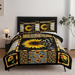 Luxury Sunflower Style Modern Art Decorative Bedding Set, Soft Breathable Polyester Fabric, Geometric Floral Design, Includes 1 Fitted Sheet + 2 Pillowcases