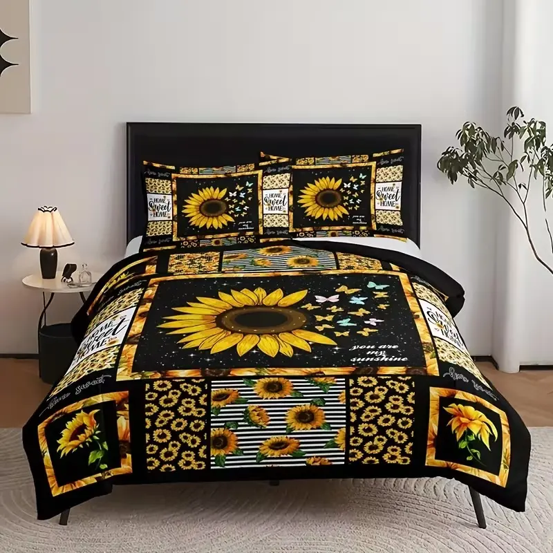 Luxury Sunflower Style Modern Art Decorative Bedding Set, Soft Breathable Polyester Fabric, Geometric Floral Design, Includes 1 Fitted Sheet + 2 Pillowcases