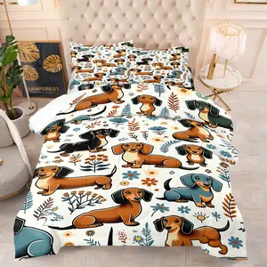Cute Sausage Dog Comforter Set, Includes Filled Blanket and Pillowcases, Soft & Cute Dachshund Full Print, Soft Comfortable Bedding, Bedroom Decoration for Pet Lovers