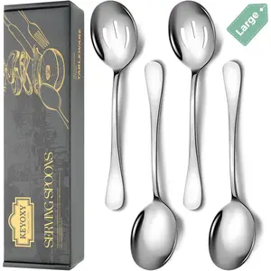 4 Piece Stainless Steel Serving Spoons Set, 10-Inch, Includes 2 Large, 2 Slotted, for Parties Kitchen Buffet Catering, Dishwasher Safe