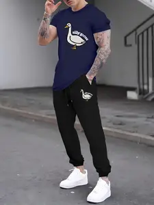 Men's Cartoon Silly Goose Print Crew Neck Tee & Drawstring Waist Sweatpants Set, Regular Fit Casual Comfy Round Neck Short Sleeve T-shirt & Pocket Jogger Pants
