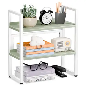 Desk Shelf Organizer, Adjustable 2 Tier Metal Desktop Shelves, Desktop Bookshelf Organization with Foot Mat, Multi-Functional Small Storage Rack for Office Dorm Home, White and Green