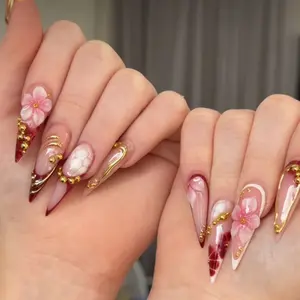 Red-Gold 3D Flower Nail Art Set, Luxury Date Style, Long Stiletto Heavy Rhinestone Press-On Nails, Exquisite Gift Style
