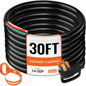 VEVOR 30 ft 50A RV Power Cord, 6/3+ 8/1 AWG, Generator Cable with NEMA 14-50P to Bare Wire, Heavy-Duty, Flexible for RV, Camper, and Outdoor Generator ConnectionsVEVOR Super Brand Day