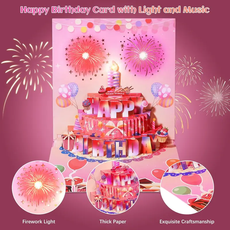 Cake Fireworks LED Candle Lights, 3D Birthday Card with Music and Colorful Lights, Musical Happy Pop-Up Birthday Card, Musical Birthday Gift Card for Kids, Wife, Husband, Grandpa, Grandma, Daughter, Son - Pink, Birthday Gift