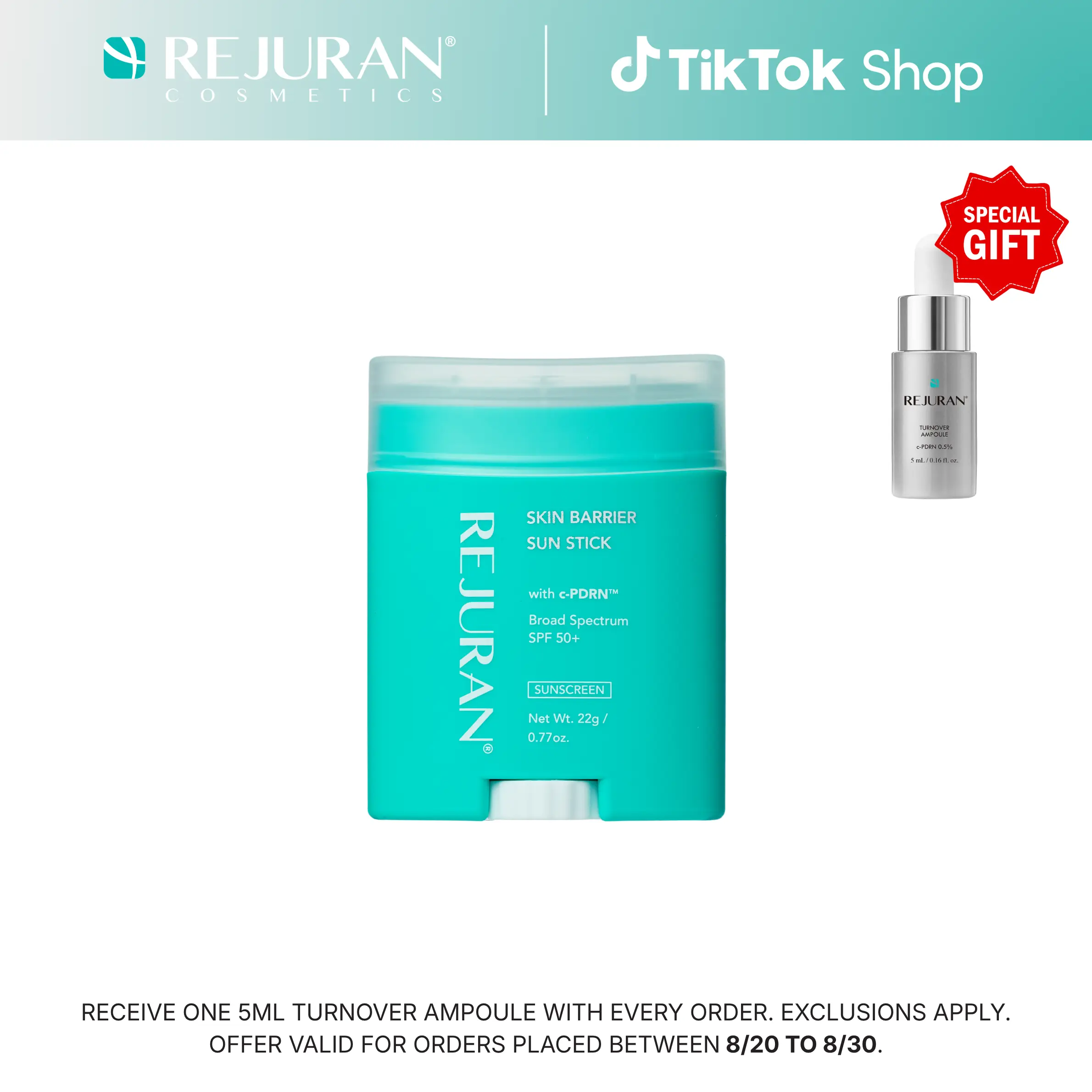 REJURAN Skin Barrier Sun Stick SPF 50+, Broad Spectrum Korean Sunscreen Stick with c-PDRN, Invisible Non-Greasy Face SPF, No White Cast Glide-On Sun Protection for On-the-Go Use, 22 g