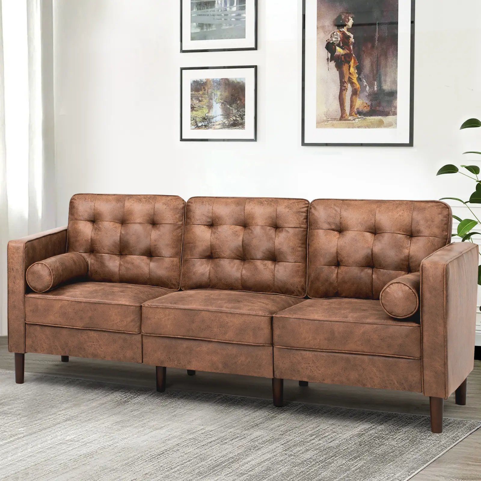 ACMEASE 84"  Faux Leather 3-seats Sofa with 2 Bolster Pillows, Mid-Century Modern Loveseat Sofa with Tufted Backrest, Comfortable Couch for Living Room, Bedroom, Office