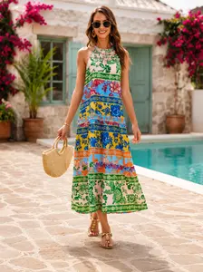 Women's Boho Vibrant Floral Spaghetti Strap Smocked Tiered Maxi Dress with Pockets, Flowy Sleeveless Evening Sundress for Summer Beach Vacation Wear, Bohemian Casual Womenswear Travel Outfit