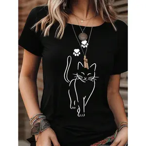 INAWLY Cartoon Cat Print Round Neck Short Sleeve Casual T-Shirt Graphic Tees Women Tops shirts men