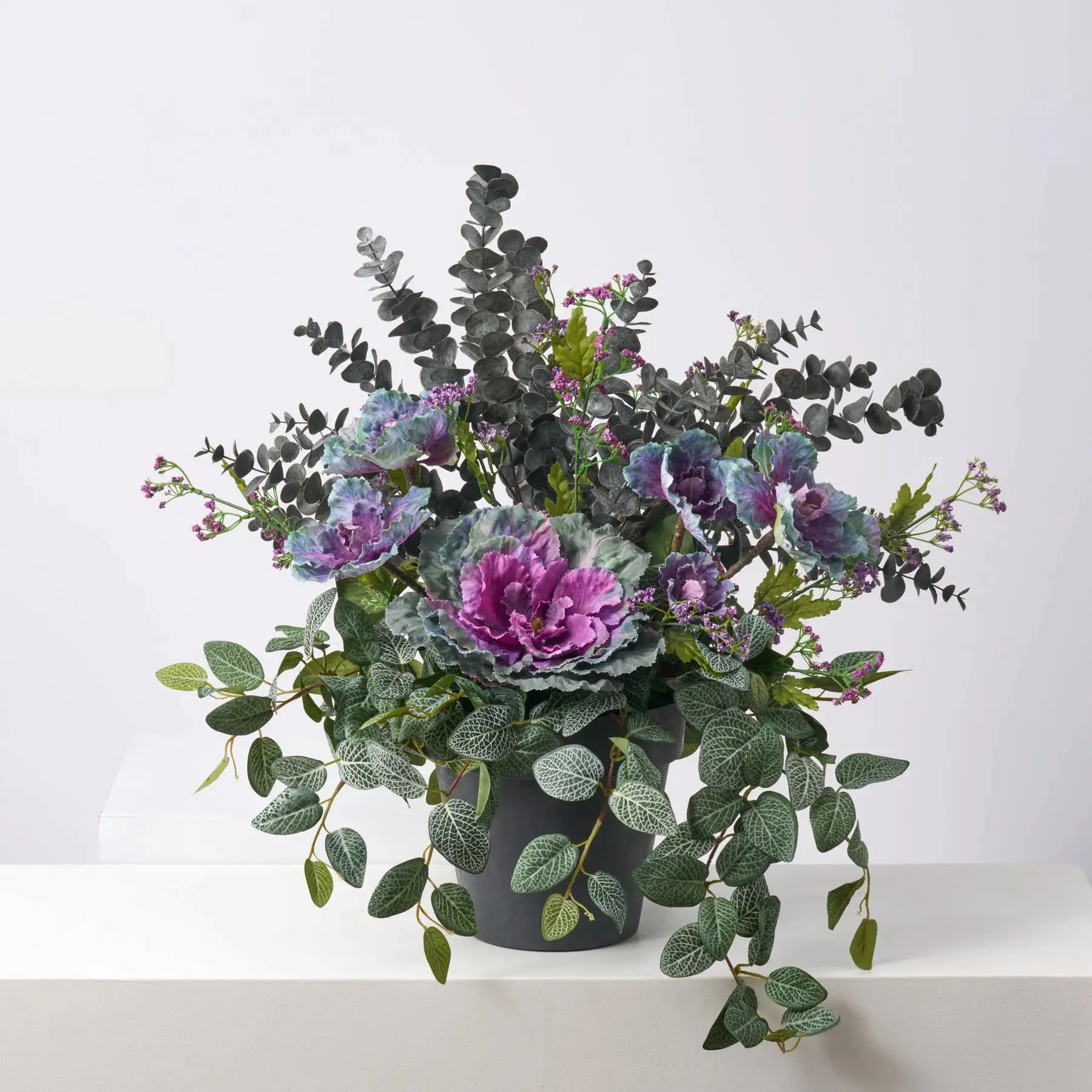 24 in Outdoor Safe Decorative Faux Plant Urn Filler Arrangement - Lifelike Purple Cabbage Kale Bloom, Midnight Eucalyptus, Fittonia Vine for Entryway, Spring-Fall Home Decor
