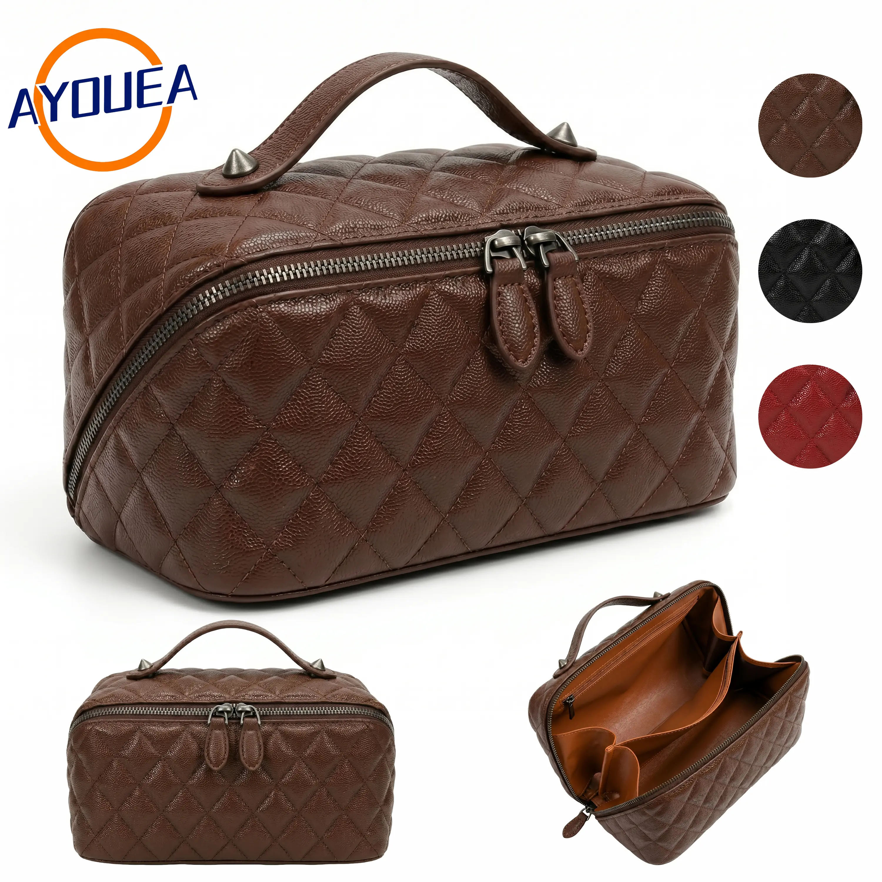 Large Capacity PU Cosmetic Diamond Lattice Organizer Bag for Travel Waterproof Valentine's Day Gift Vegan Leather Makeup Pouch Portable Toiletry Bag for Women Makeup Case Jewelry Organizer Box Handheld Cosmetic Pouch Girlfriend Present Minimalist