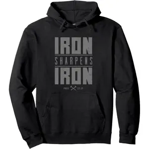 Men's Iron Sharpens Iron Bible Scripture Graphic Hoodie - Cotton Blend Black Long Sleeve Pullover Regular Fit | Soft & Breathable Fabric, Durable Print, Everyday Comfort, Machine Washable, minimalist graphic gym workout