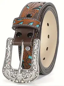 Boho Style Leaf Embossed Vintage Western Cowboy Cowgirl Belt, 2024 New Style Fashionable Adjustable Pu Buckle Belt for Women, Casual Brown Cowgirl Waistband for Jeans Trousers