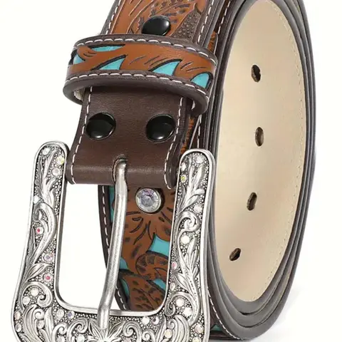 Boho Style Leaf Embossed Vintage Western Cowboy Cowgirl Belt, 2024 New Style Fashionable Adjustable Pu Buckle Belt for Women, Casual Brown Cowgirl Waistband for Jeans Trousers Western Belts