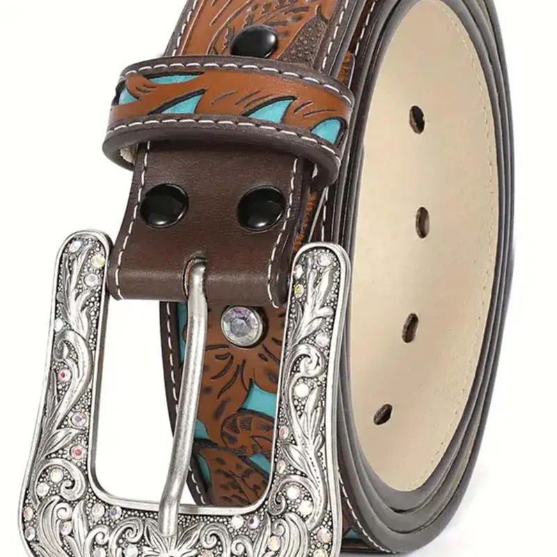 Boho Style Leaf Embossed Vintage Western Cowboy Cowgirl Belt, 2024 New Style Fashionable Adjustable Pu Buckle Belt for Women, Casual Brown Cowgirl Waistband for Jeans Trousers Western Belts