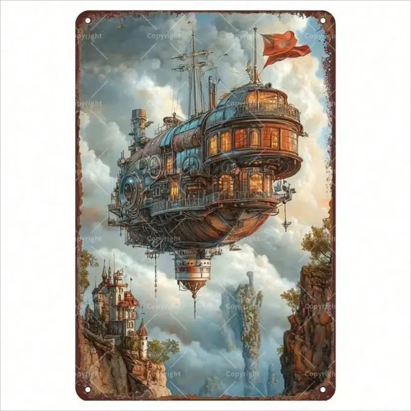 Aluminum Steampunk Airship Retro Wall Art Vintage Fantasy Sci-Fi Decoration With 3D Effect Aluminum Sign For Home Bar Garage Living Room Aluminum Metal Sign