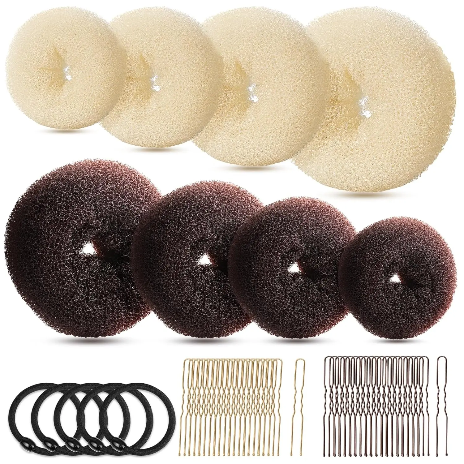Hair Bun Maker Set, Donut Bun Maker Set With 4 count Dark Brown &4pcs Beige(2 extra-large,2 large,2 medium and 2 small), 5 count Hair Elastic Bands, 40 count Hair Bobby Pins (Brown and )