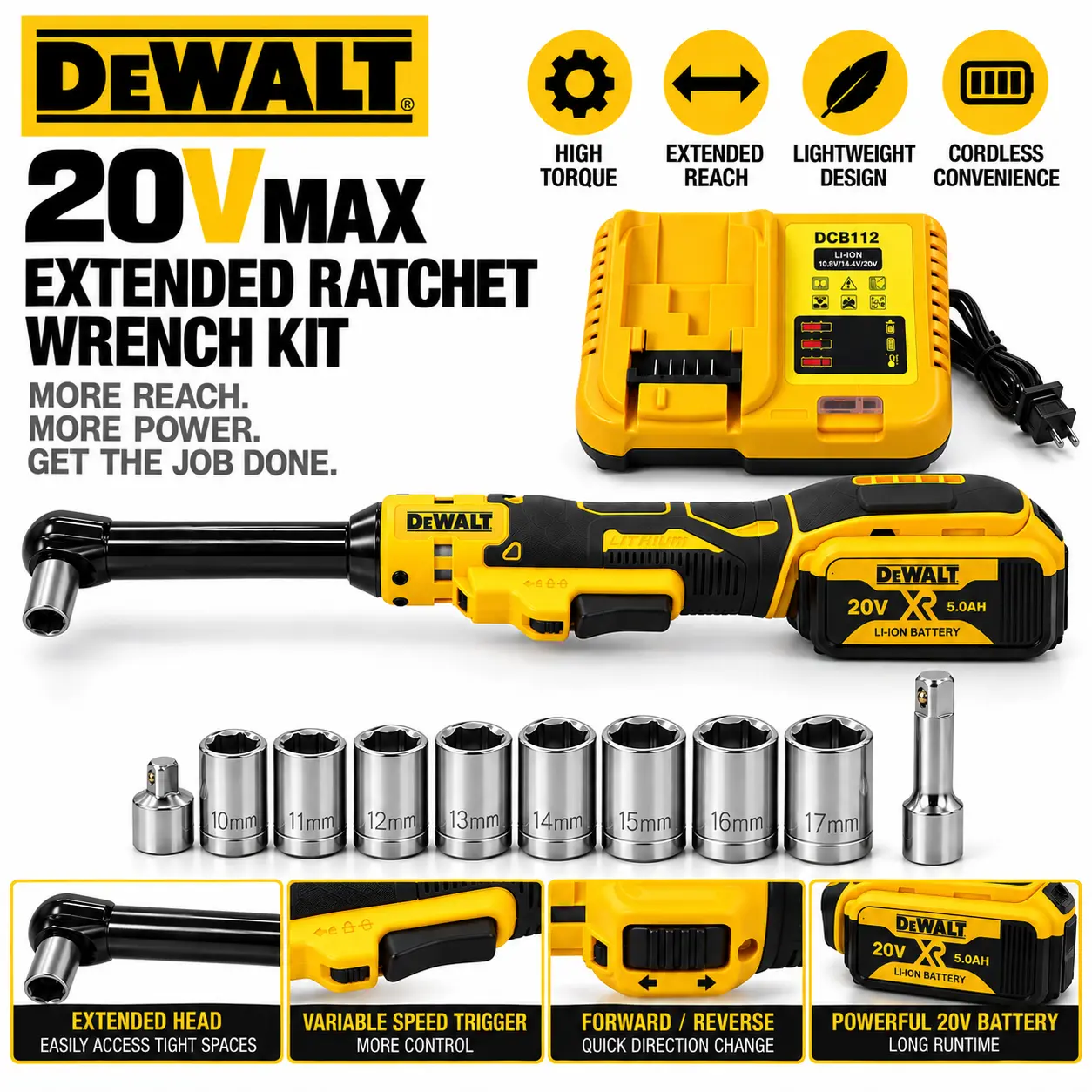 DEWALT 20V Cordless Ratchet Wrench Kit, 17.1" Extended Reach Electric Ratchet, Heavy-Duty Metal Drive, 5.0Ah Battery & Socket Set, Forward/Reverse Mechanic Power Tool for Auto Repair, Garage & Equipment Maintenance