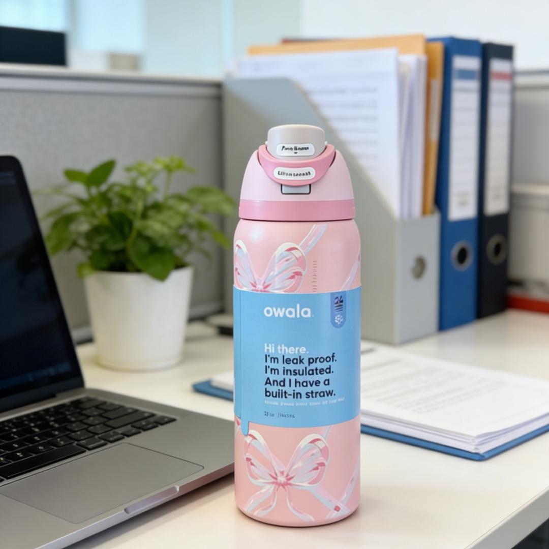 Owala FreeSip 32oz Pink White Bow Insulated Bottle - Sweet Girly Style, Portable & Leak-Proof for Student Campus Use