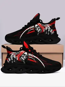 Men's Fashionable Skull Print Lace Up Low Top Sneakers, Casual Comfortable Breathable Sports Running Shoes, Halloween Design