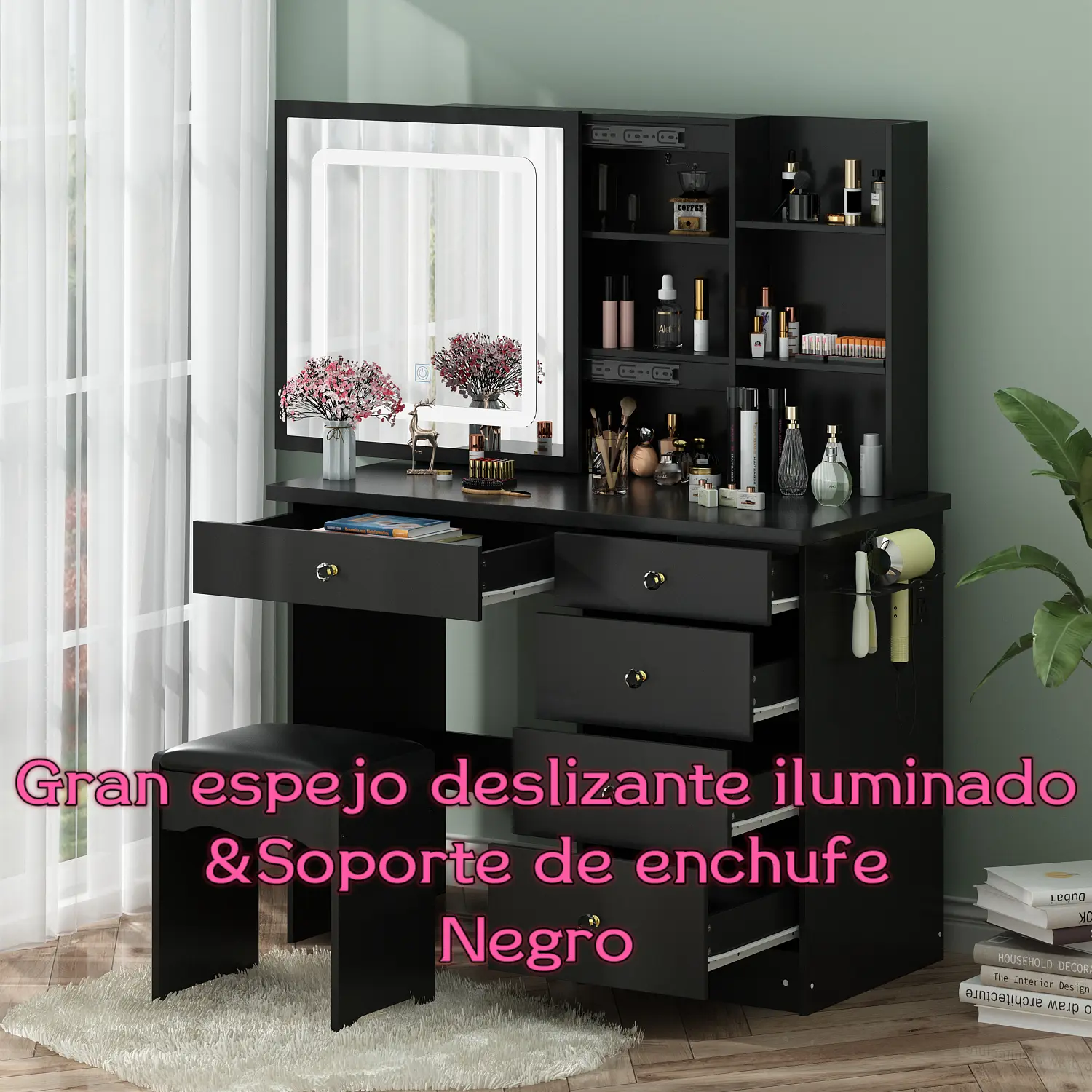 Large Sliding Lighted Mirror & Power Strip/ Black