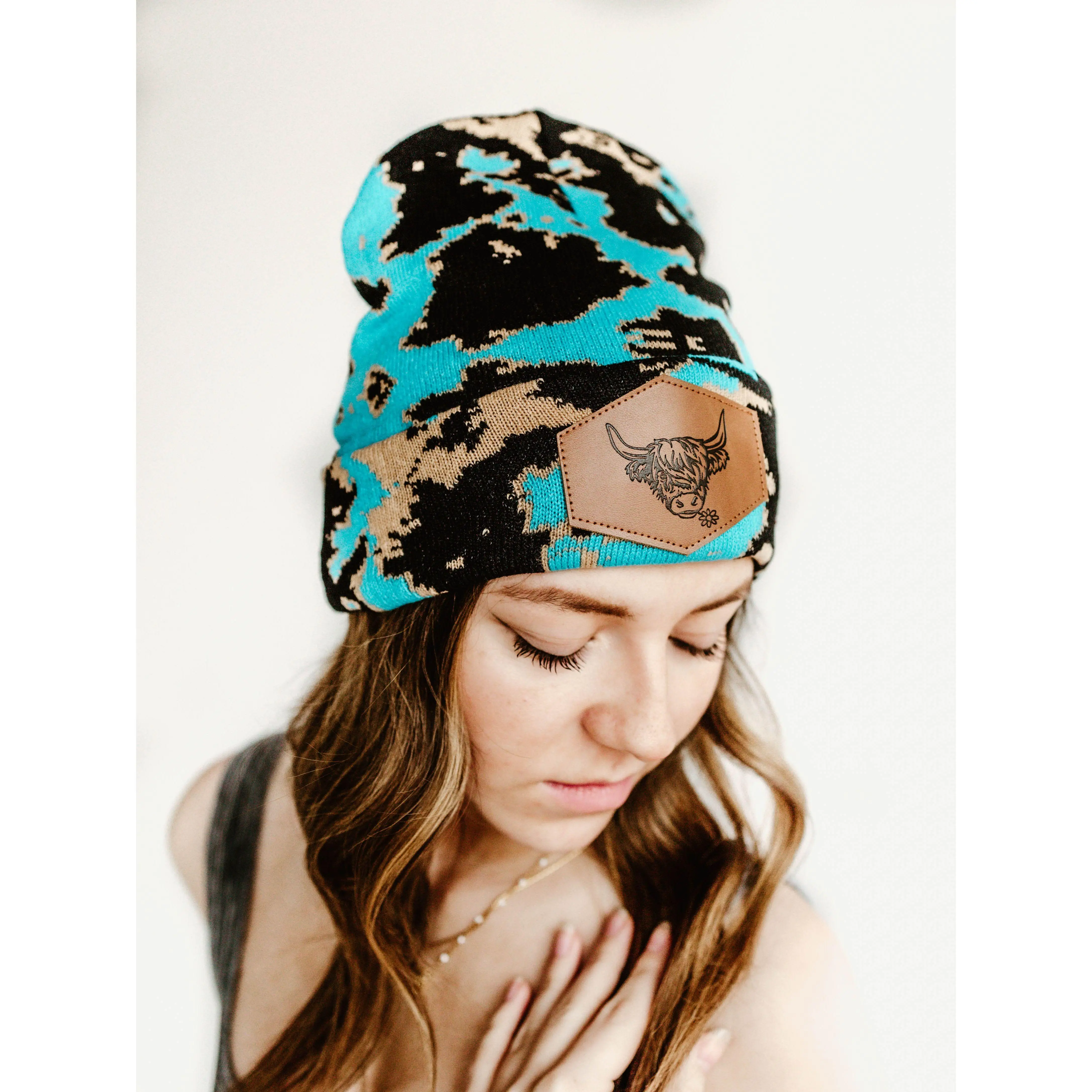 Blue Highland Cow Print Beanie