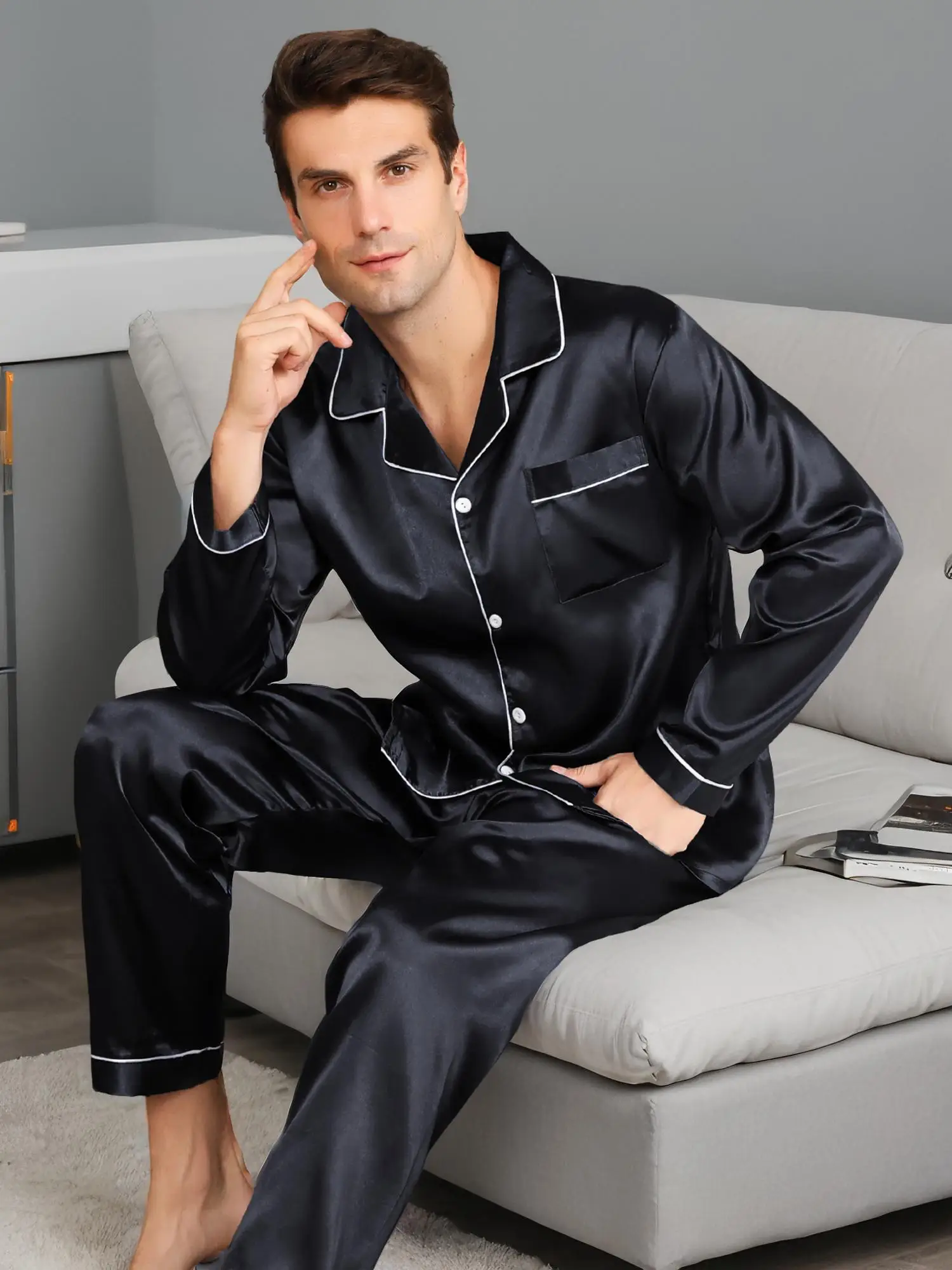 Two-piece Set Men's Plain Silk Cloth Pyjama Set, Men's Nightwear, Casual Lapel Button Front Shirt & Elastic Waist Pants, Lounge Sets, Sleepwear Option