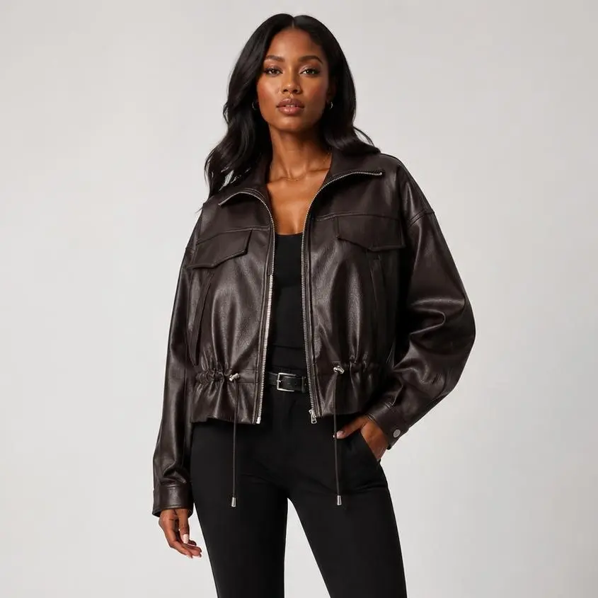 URBAN REVIVO Women's Vegan Faux Leather Bomber Jacket Piece - Casual, Lightweight, Medium-Thickness Long-Sleeve Outerwear with Drawstring Waist, Coated Placket, Chic Style