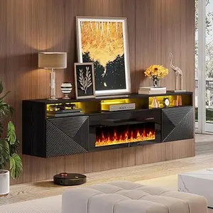 Amerlife 80 inch Floating TV Stand with 40" Electric Fireplace, 80in/70in Wall Mounted Electric Fireplace Entertainment Center with Storage Space