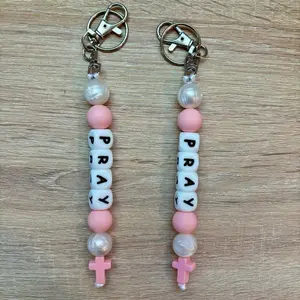Pray Beaded Keychain Bag Charm with Cross Charm for Religious Gifts