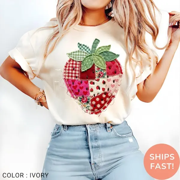 Strawberry Embroidered Faux Shirt, Berry Tee Patchwork Quilted Farmhouse, Rustic Gingham Floral Cottagecore Aesthetic, Relaxed Color Shirt Vintage Print