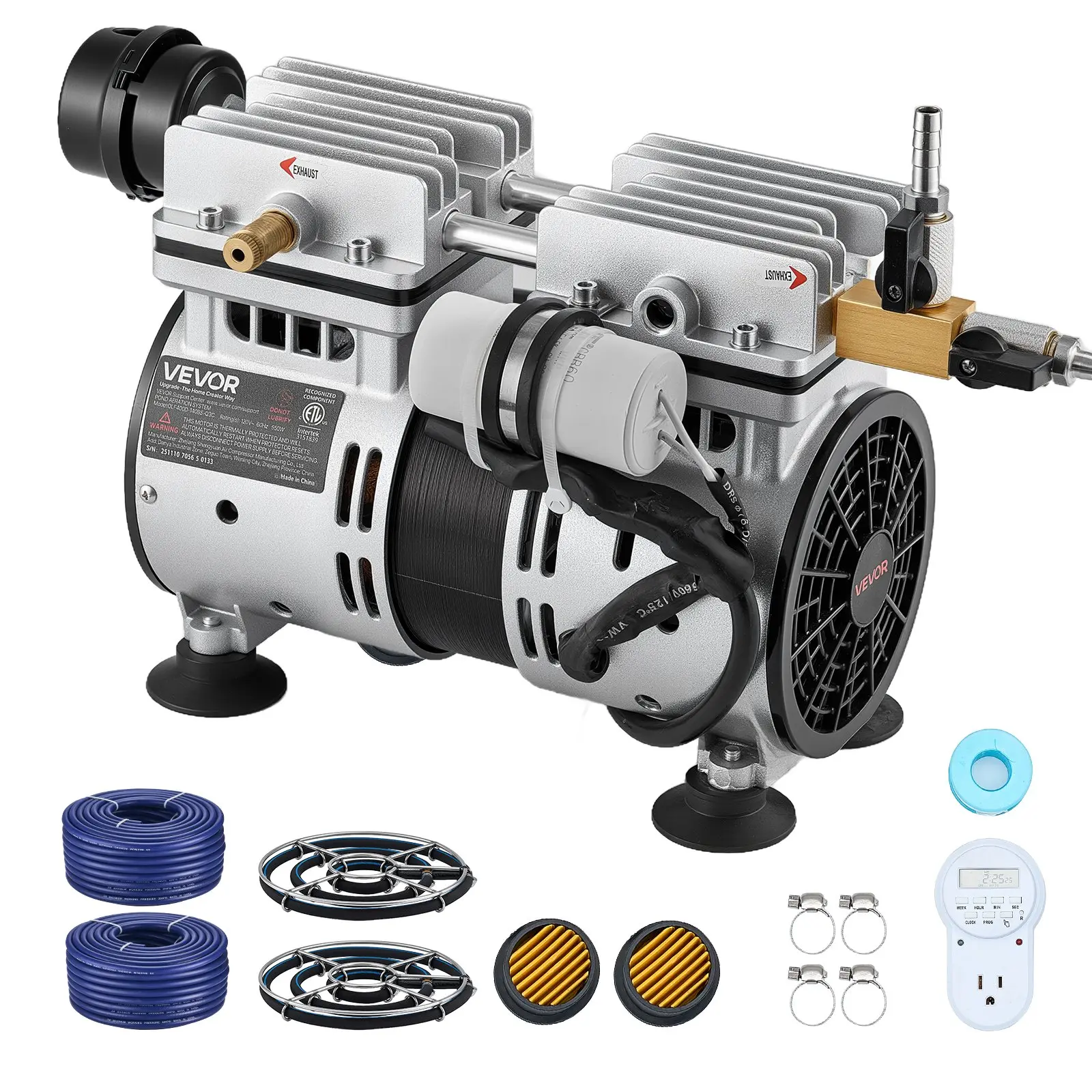 VEVOR Outdoor Pond Aerator System, 3/4 HP 5.2CFM Air Compressor, 2 Diffuser Plates, 2x100ft Weighted Self-Sinking Hoses, 120V 1665RPM Timer Pump, 10x6.3x8.5in/255x160x215mm, 52.2lbs, Oxygen Boost for 3-Acre Deep Water Lakes, 3-Acre Lakes, 255 * 160 * 215