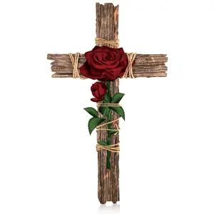 Christmas Gift Decorative Cross Wooden Cross with Hemp Rope Rose Pattern Wall Mounted Cross Decoration Holy Cross Home Decor Prayer Cross Brown Hanging Cross Religious Gift for Christian, Print Cross Room Ornaments