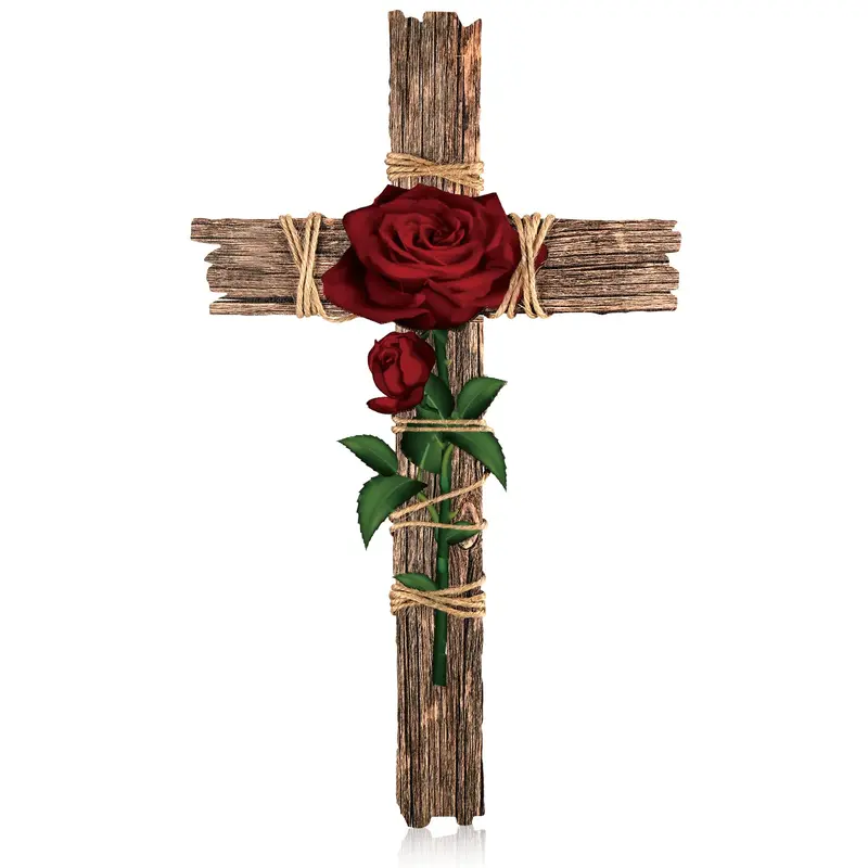 Wooden Cross Wall Decor with Hemp Rope-Rose Pattern, Cross Design Church Gift with Vintage Rustic Look & Rustic Wood Charm, Brown Hanging Ornament for Christian Religious Home Prayer (Hangs on Wall-Window)