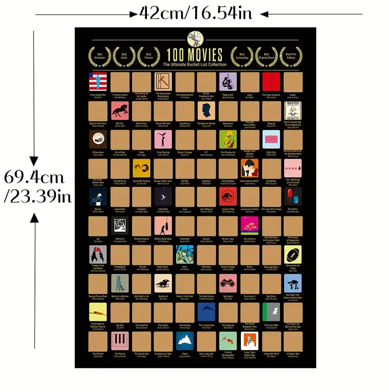 Top 100 Movies Scratch Off Poster - Films of all Time Bucket List - 24x16" Easy to Frame Scratchable Cinema Checklist Poster - Must See Movie Challenge - 100 Essential Movies - Greatest Movies for Family to Watch