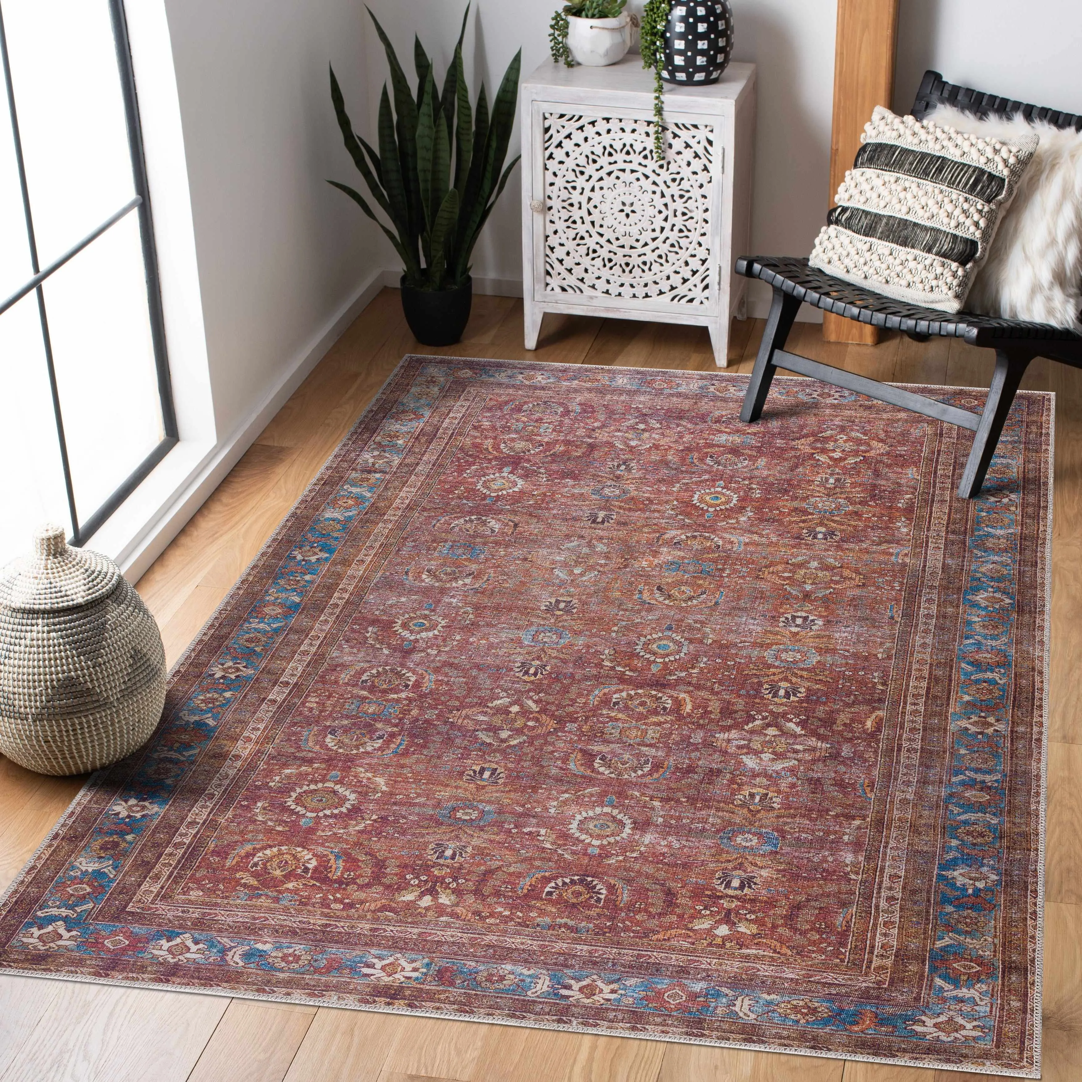 Rust Baki Traditional 1-Piece Rectangle Area Rug with Ornamental Motifs - Machine Washable, Living Room Decor, Clearance, Rug Style, Living Room Rugs, Home Decorative Rugs