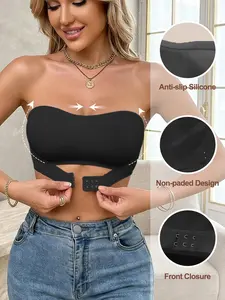 Women's Strapless Front Closure Bralette, No Steel Ring ，No Padded Design, Anti-Slip Bandeau Comfortable Fit Daily Wear Top
